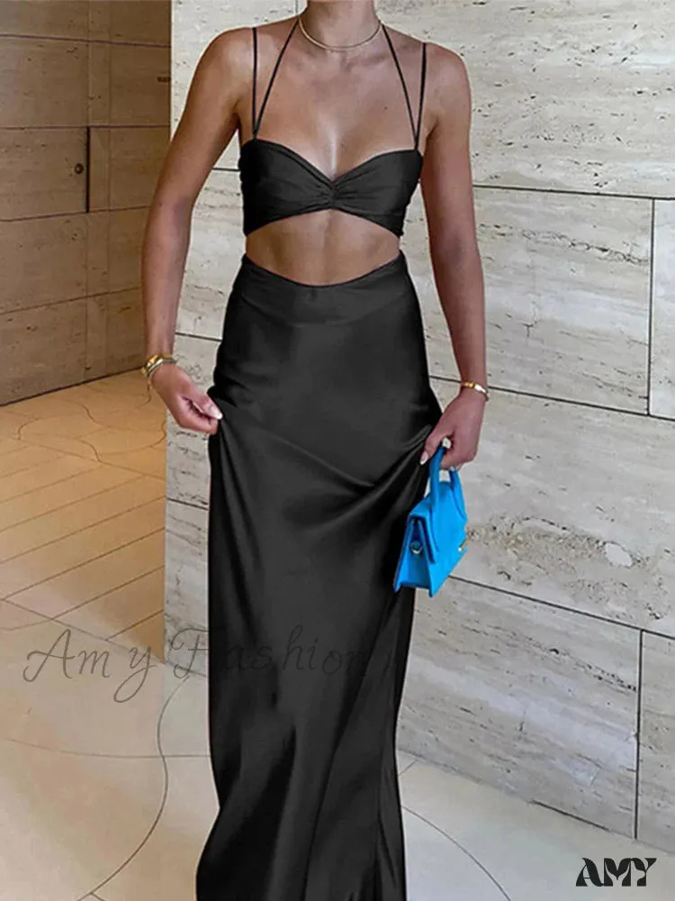 Amy Fashion - Sexy Satin Tube Top Midi Skirts