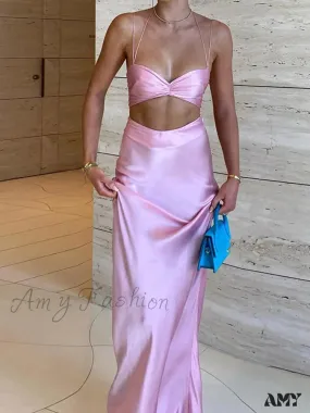 Amy Fashion - Sexy Satin Tube Top Midi Skirts