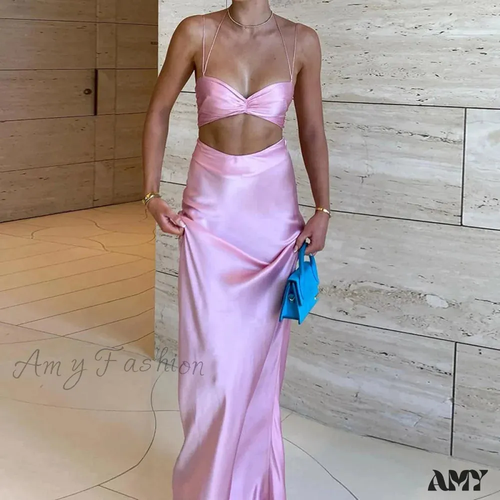 Amy Fashion - Sexy Satin Tube Top Midi Skirts