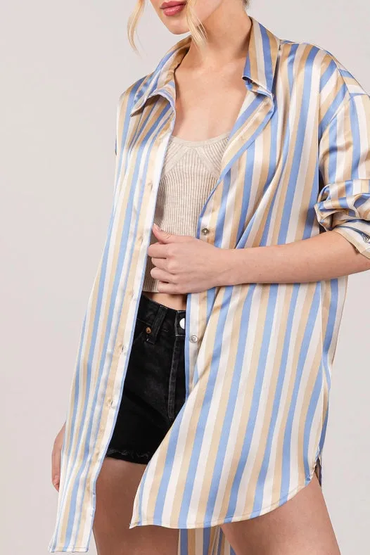 Button Down Stripe Satin Effect Dressy Shirts L.Blue Multi