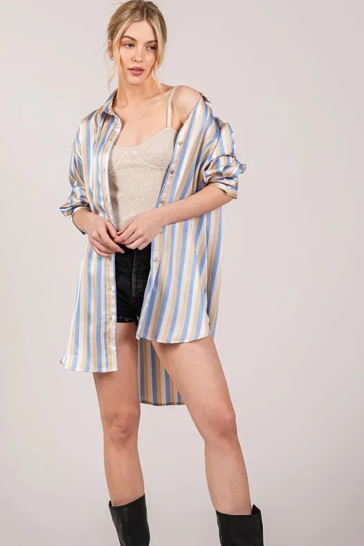 Button Down Stripe Satin Effect Dressy Shirts L.Blue Multi