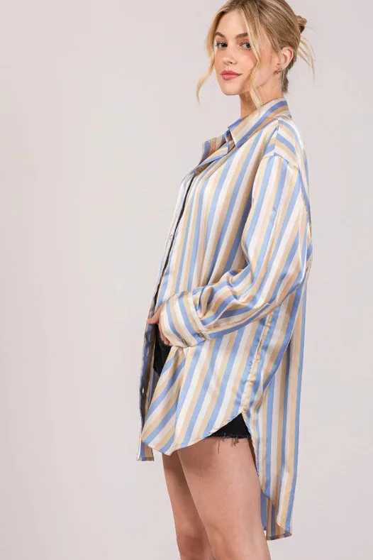 Button Down Stripe Satin Effect Dressy Shirts L.Blue Multi