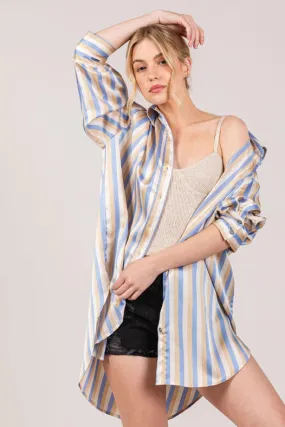 Button Down Stripe Satin Effect Dressy Shirts L.Blue Multi