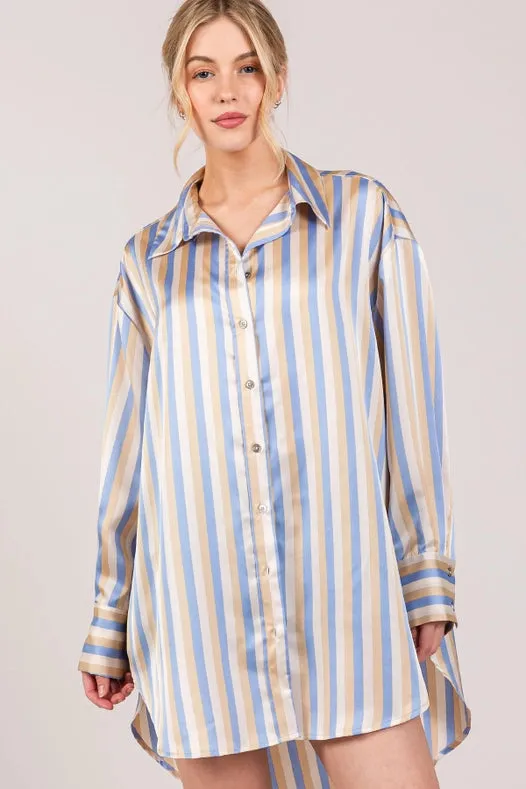 Button Down Stripe Satin Effect Dressy Shirts L.Blue Multi