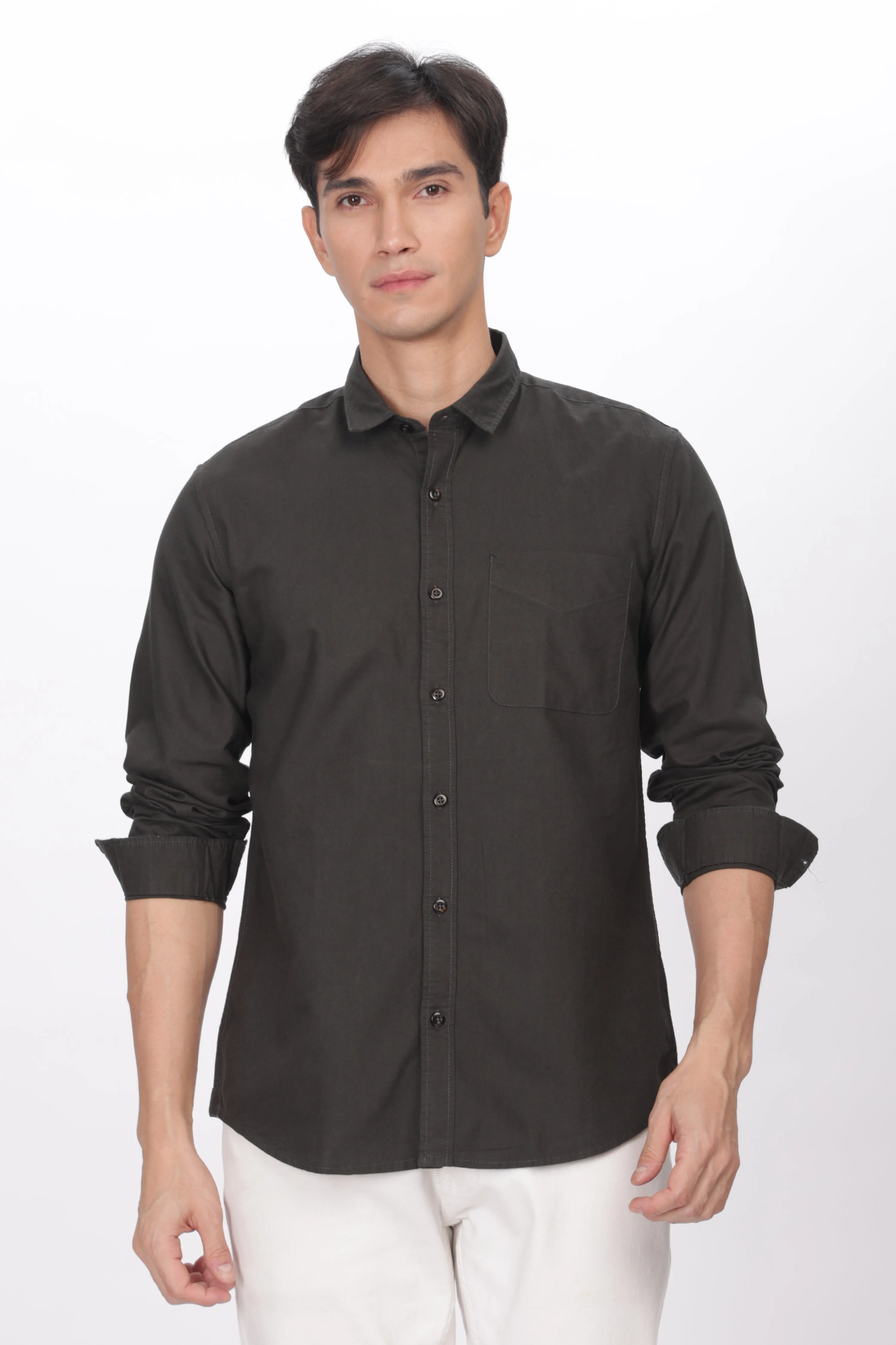 Dark Green Regular Fit Plain Full Sleeve Shirt