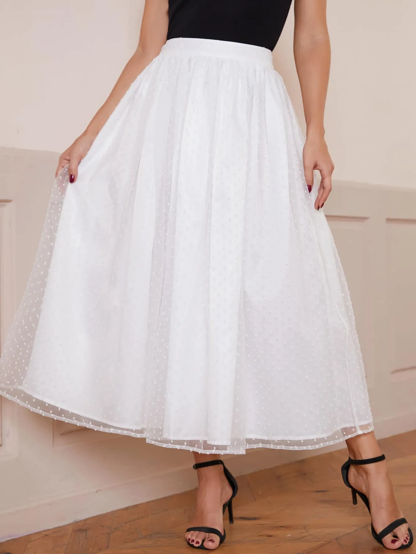 Elegant Plain Contrast Mesh High Waist Long Women Skirt