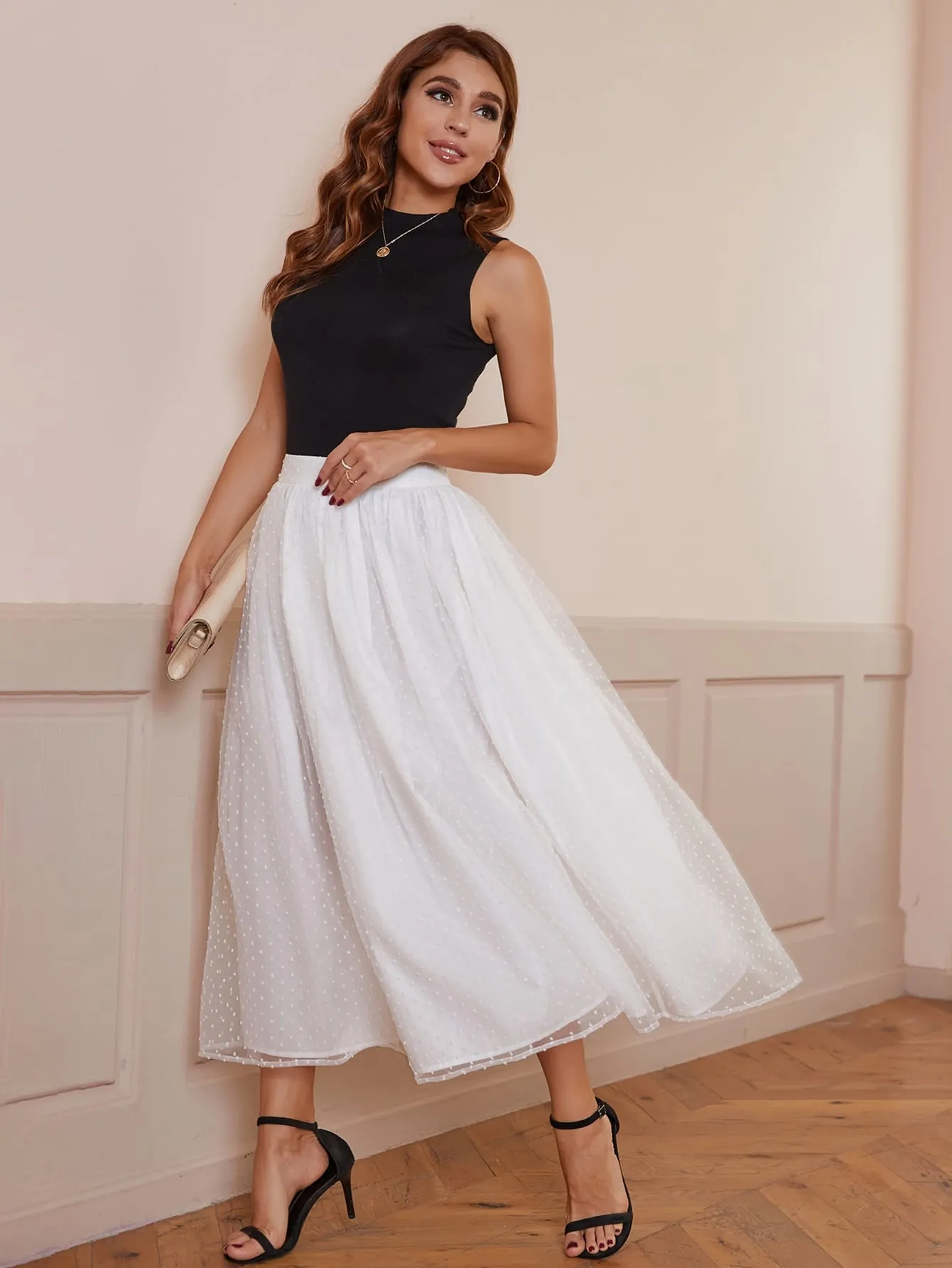 Elegant Plain Contrast Mesh High Waist Long Women Skirt