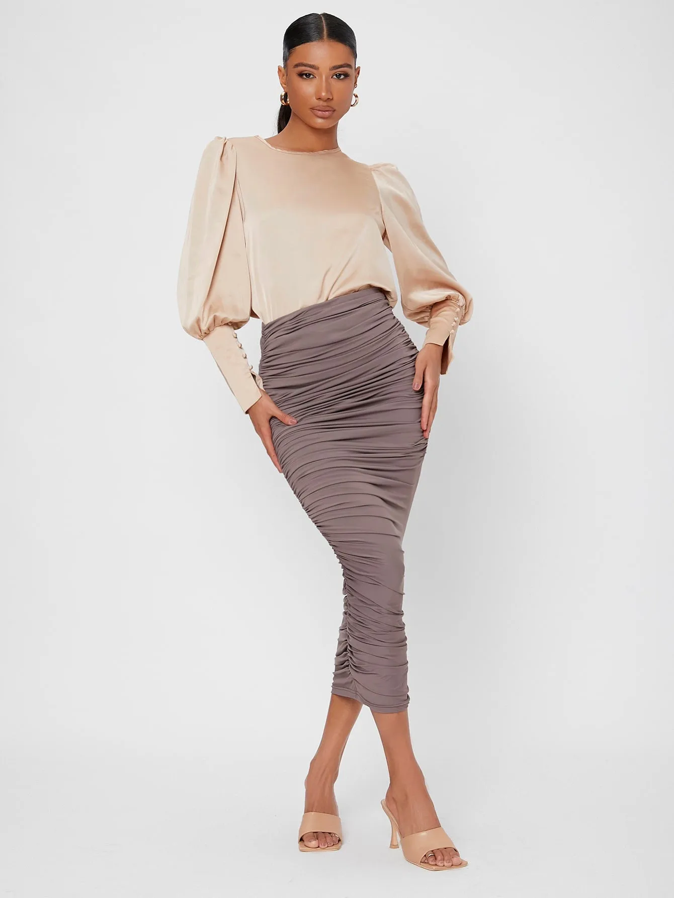 Elegant Plain Ruched High Waist Midi Womens Skirts