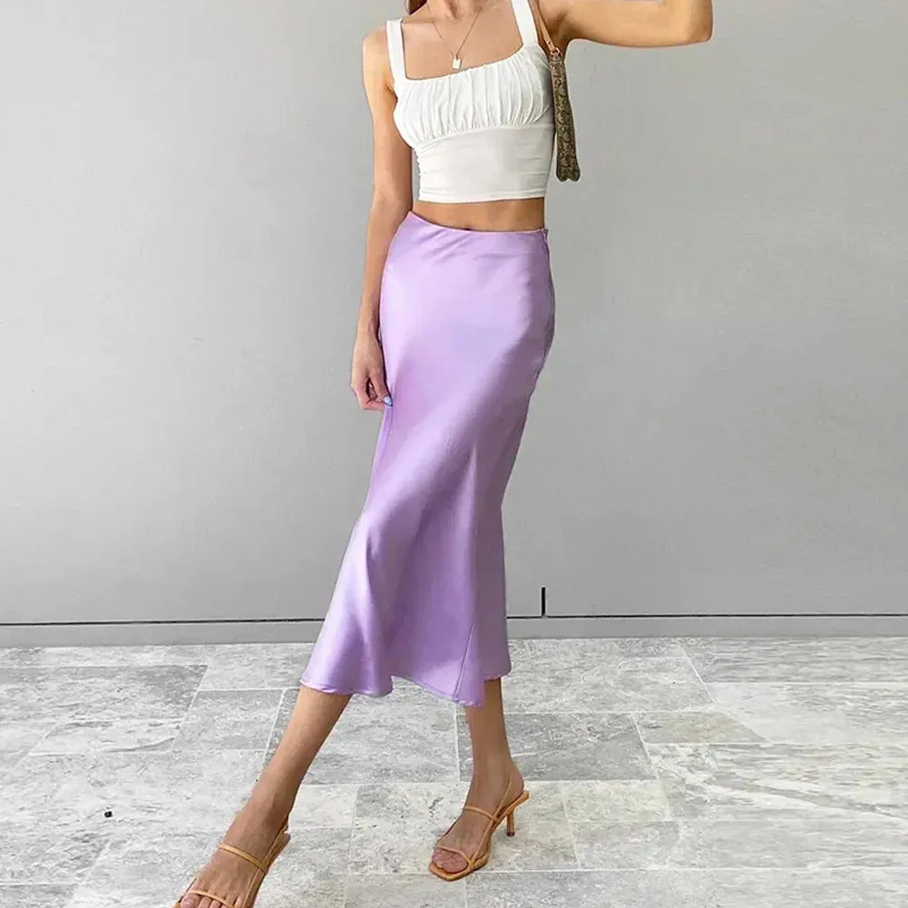 Elegant Satin Silk Business High Waist Skirt