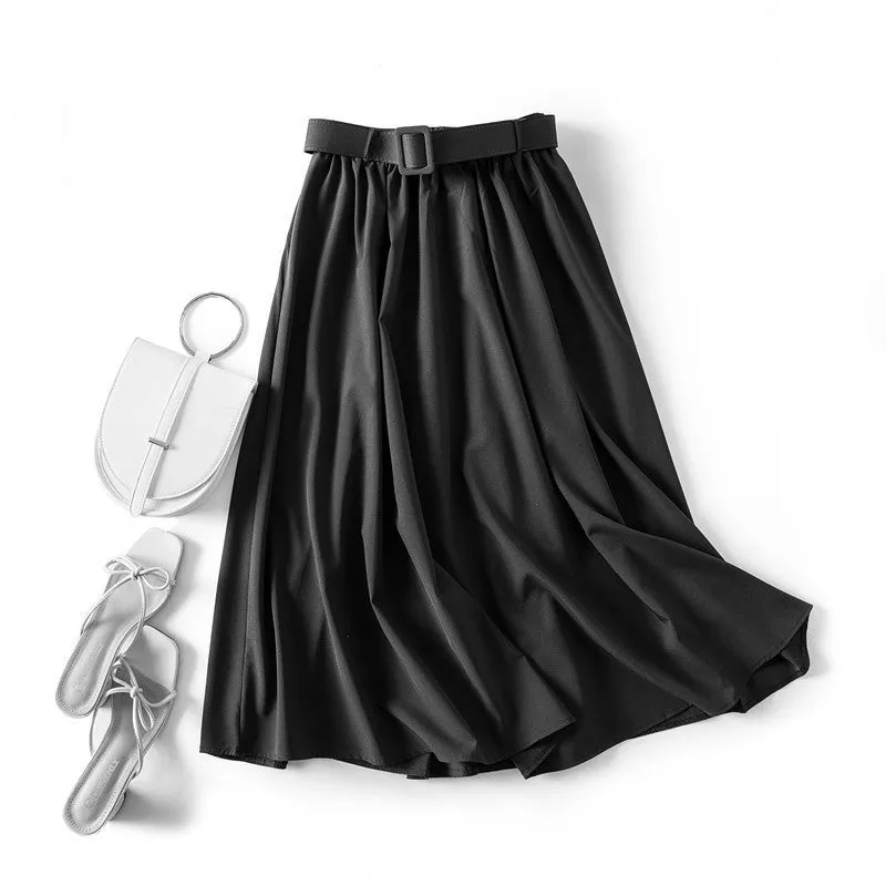 Korean Solid Colored All-Matching Belt High Waist Slim Look Loose Mid-Length A-Line Skirt