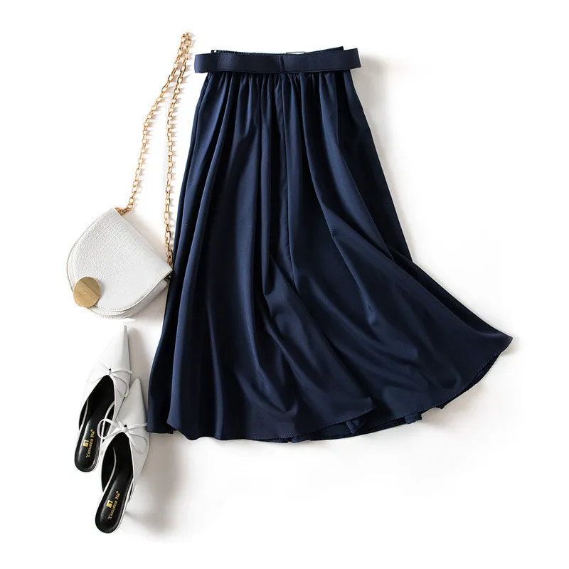 Korean Solid Colored All-Matching Belt High Waist Slim Look Loose Mid-Length A-Line Skirt