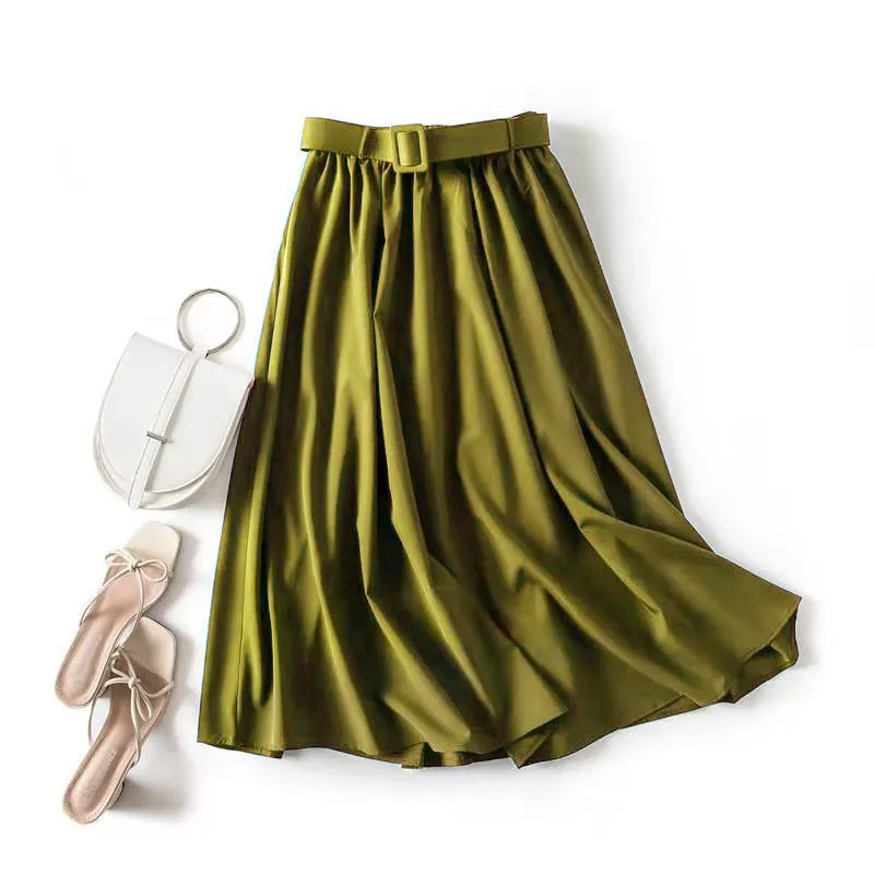 Korean Solid Colored All-Matching Belt High Waist Slim Look Loose Mid-Length A-Line Skirt