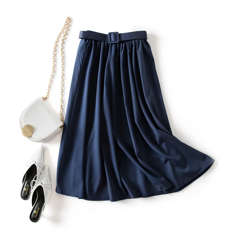 Korean Solid Colored All-Matching Belt High Waist Slim Look Loose Mid-Length A-Line Skirt