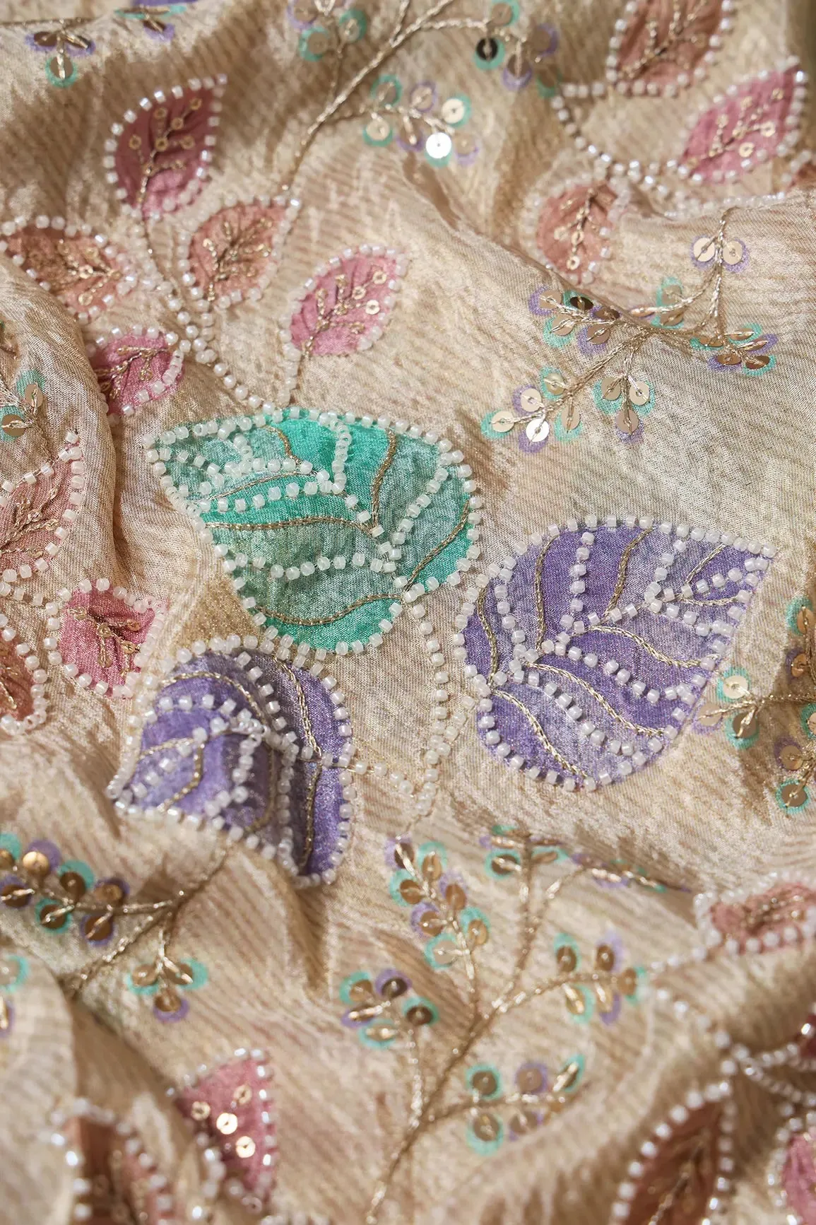 Leafy Position Print With White Beads And White Sequins Embroidery On Light Beige Viscose Zari Tissue Fabric