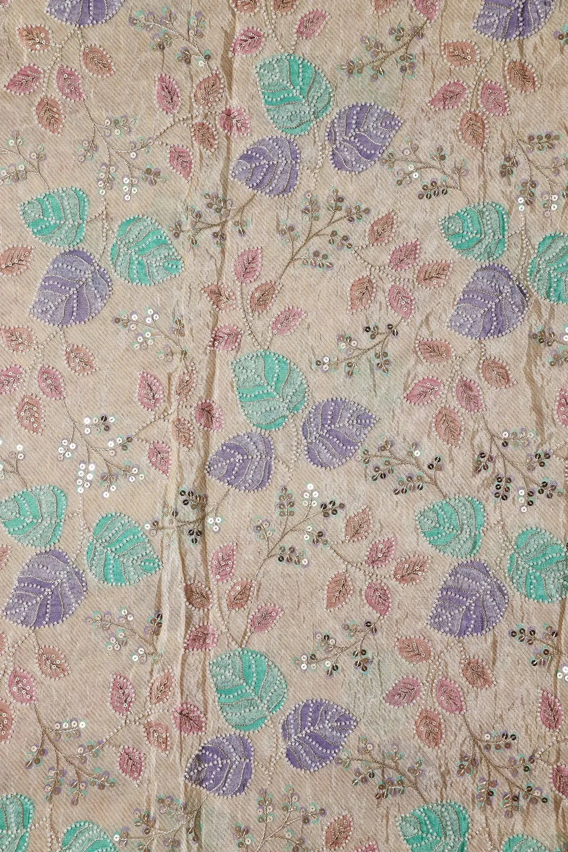 Leafy Position Print With White Beads And White Sequins Embroidery On Light Beige Viscose Zari Tissue Fabric