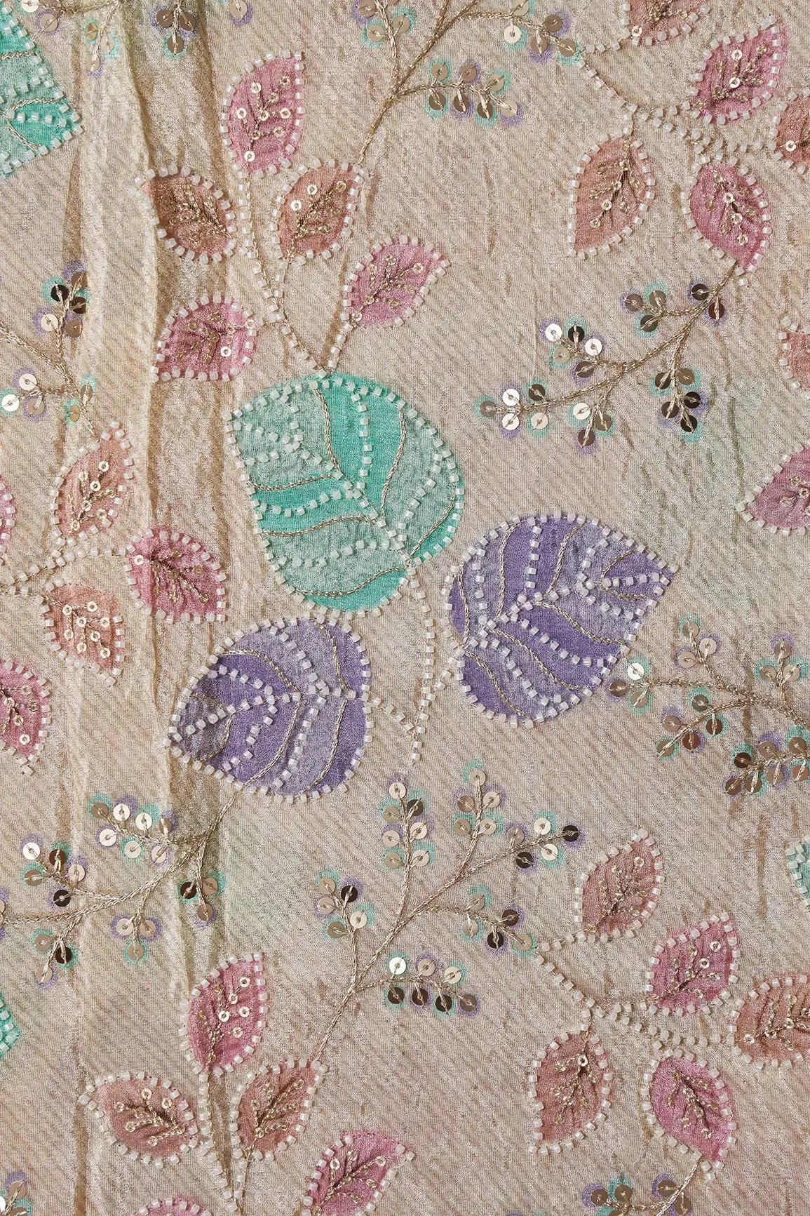 Leafy Position Print With White Beads And White Sequins Embroidery On Light Beige Viscose Zari Tissue Fabric