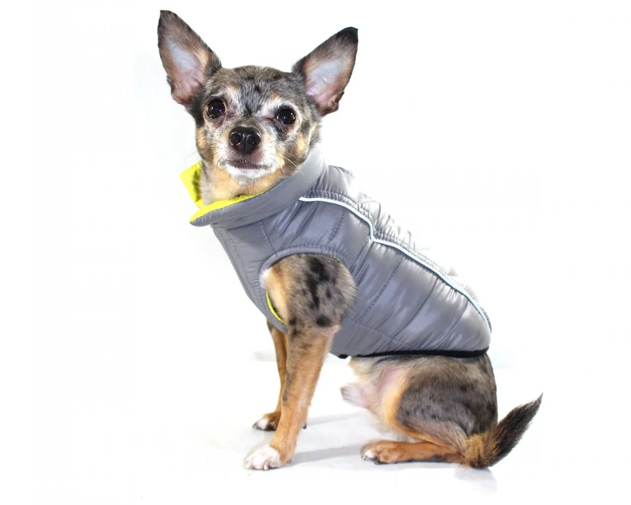 Reversible Winter Dog Jacket - Hip Doggie Featherlite Reversible-Reflective Puffer Vest Yellow/Grey