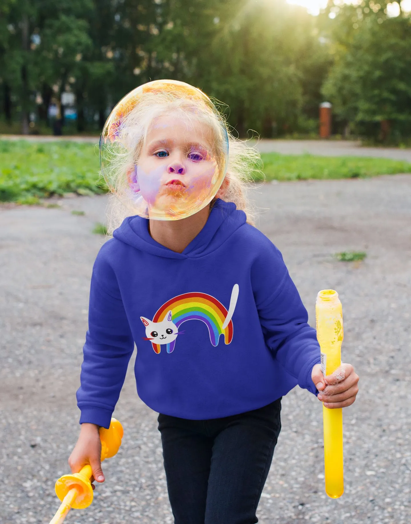 SOFT FLEECE HOODIE - PRINTED RAINBOW CAT