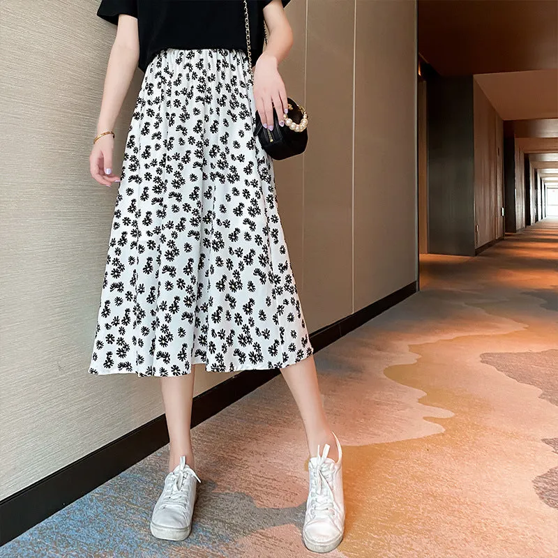 Summer Daisy Skirt Women High Waist Chiffon Thin Floral Mid-Length A-Line Ankle-Length Skirt