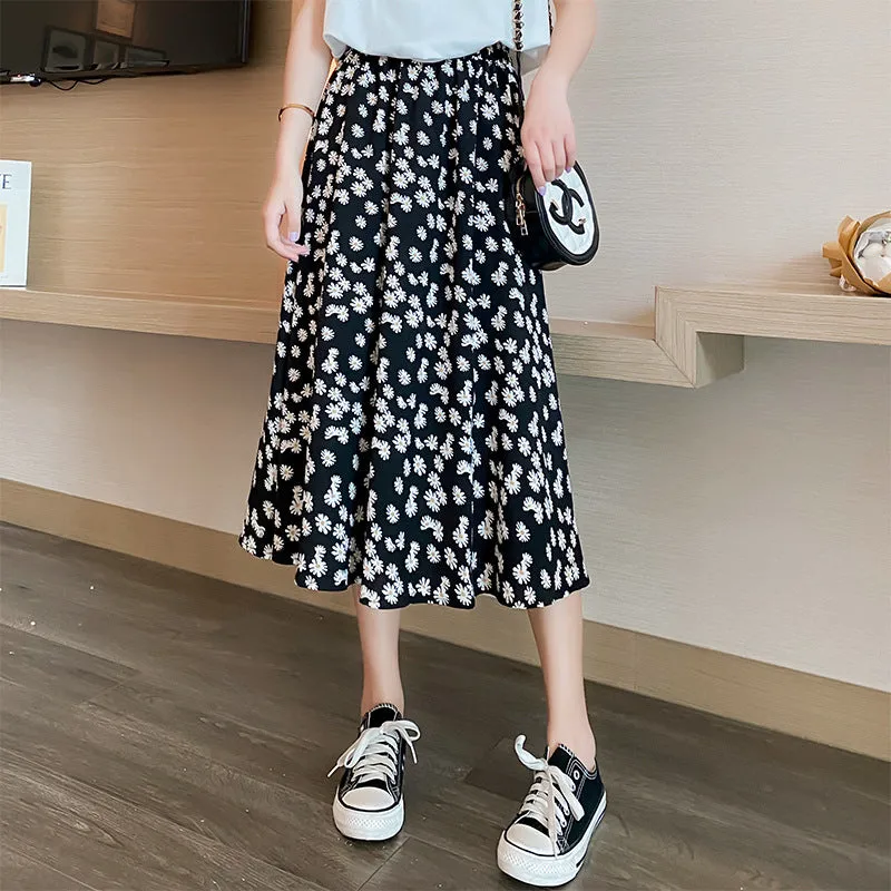 Summer Daisy Skirt Women High Waist Chiffon Thin Floral Mid-Length A-Line Ankle-Length Skirt