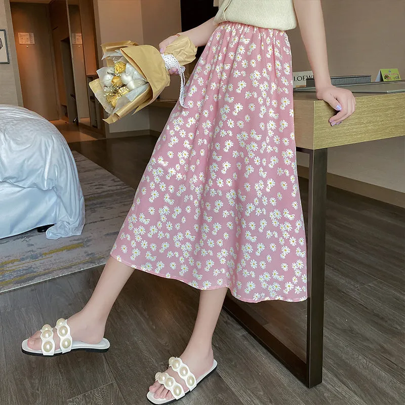 Summer Daisy Skirt Women High Waist Chiffon Thin Floral Mid-Length A-Line Ankle-Length Skirt