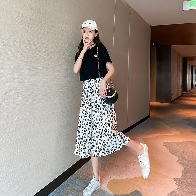 Summer Daisy Skirt Women High Waist Chiffon Thin Floral Mid-Length A-Line Ankle-Length Skirt