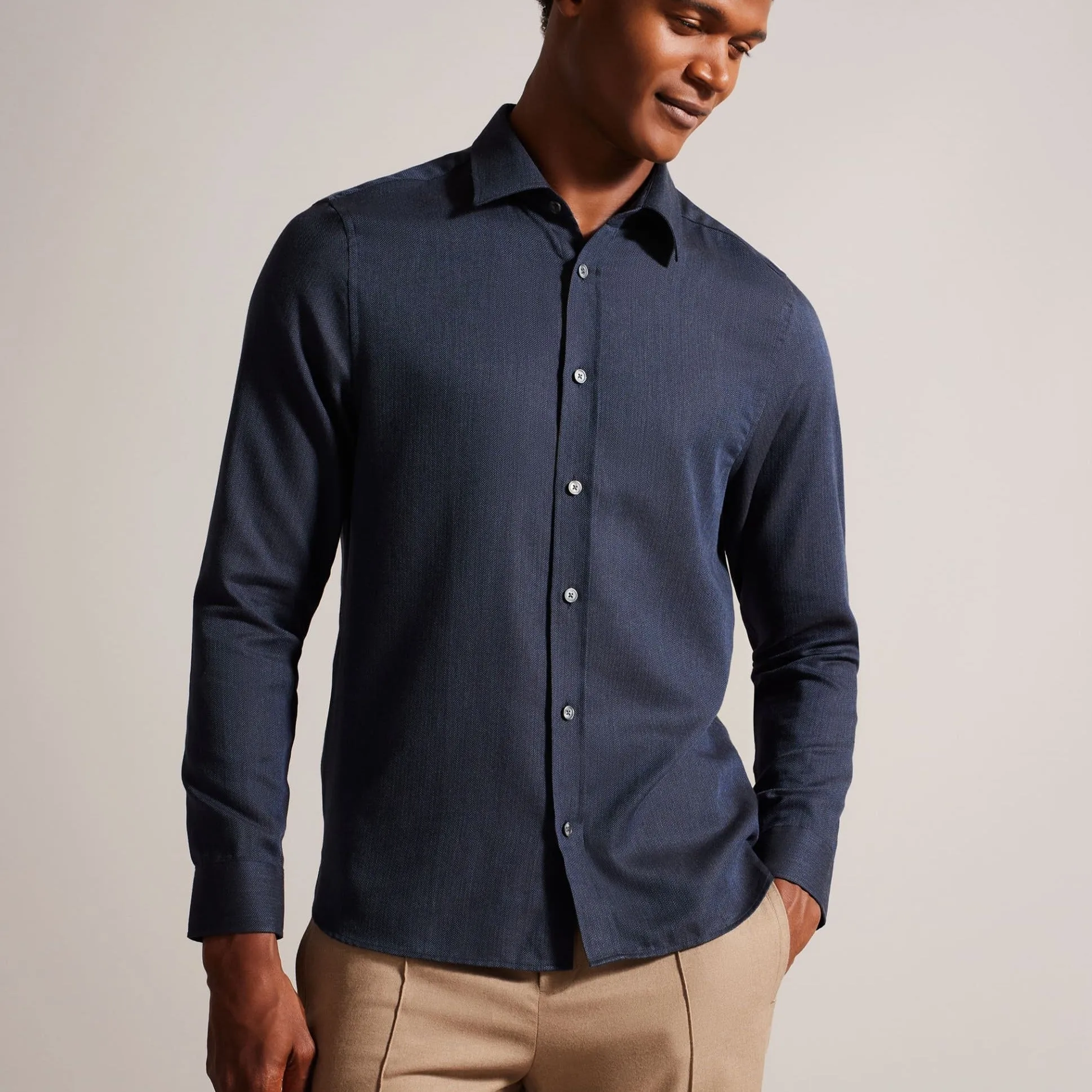 Ted Baker Crotone Long Sleeve Herringbone Shirt in Navy