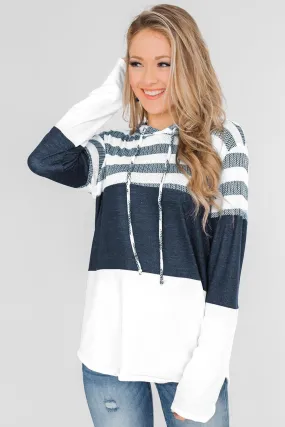 White Color Block Classic Pullover Drawstring Hoodie For Women