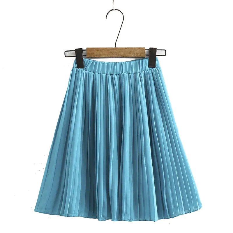 Women Summer Korean Chiffon Skirt Student All-Matching High Waist Flare Pleated Skirt